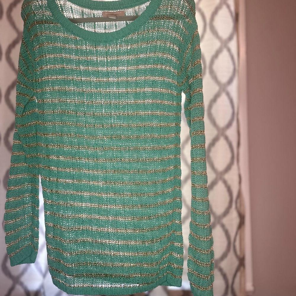 Banana Republic Green Crew Neck Sweater Lightweight Striped